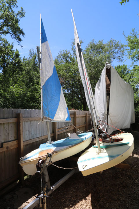 SUNFISH and DOLPHIN SR sailboats on tandem trailer, 1980 sailboat
