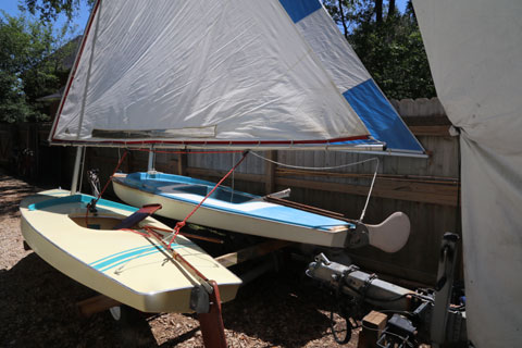 SUNFISH and DOLPHIN SR sailboats on tandem trailer, 1980 sailboat