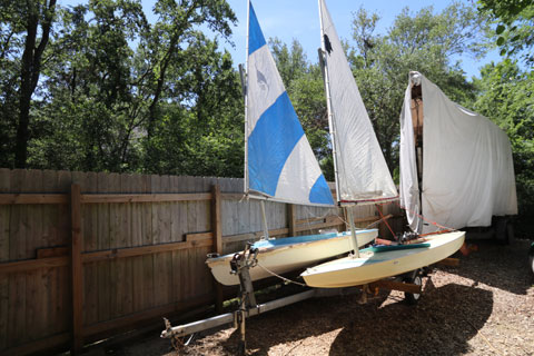 SUNFISH and DOLPHIN SR sailboats on tandem trailer, 1980 sailboat